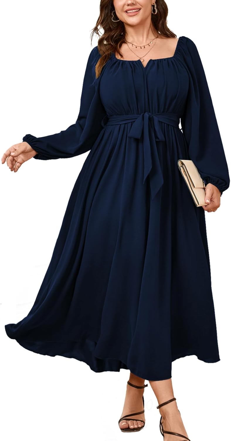 SCOMCHIC Women Plus Size Maxi Dress Long Sleeve Square Neck Wedding Guest Cocktail Belted Elegant Flowy A Line Long Dresses