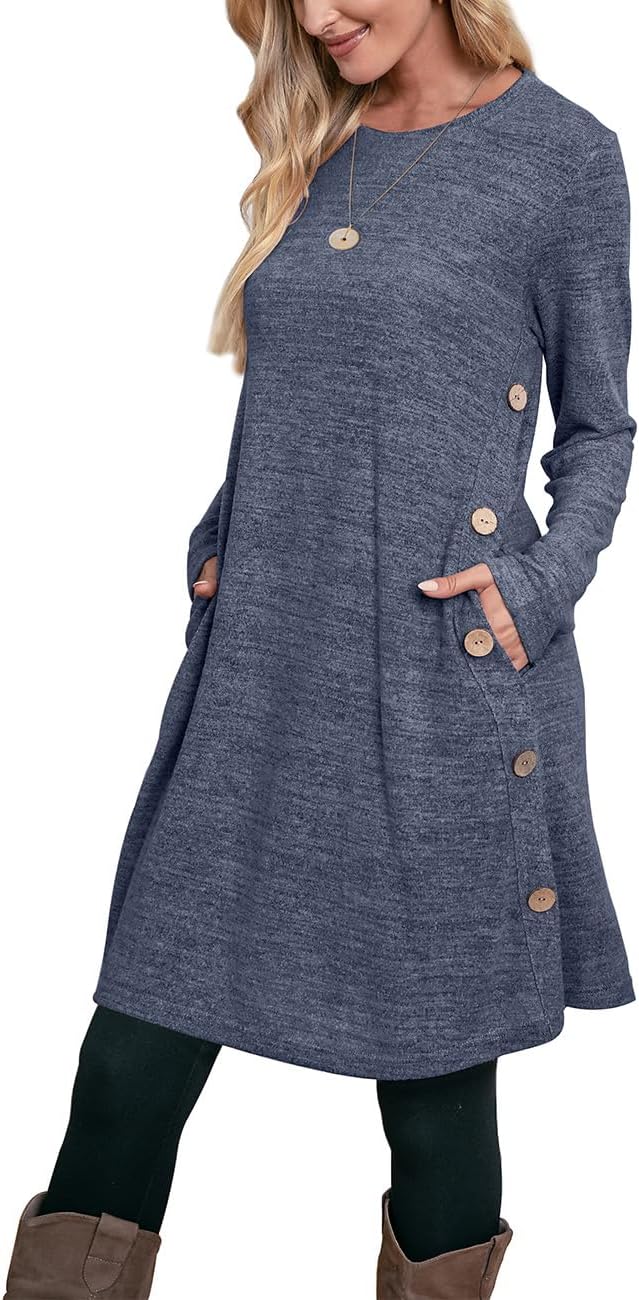 OFEEFAN Long Sleeve Dress for Women Crew Neck Tunic Dress with Pockets Buttons Side