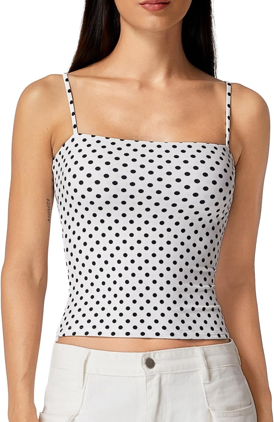 QINSEN Women's Double Lined Basic Tank Top Adjustable Spaghetti Straps Sleeveless Camisole Shirts