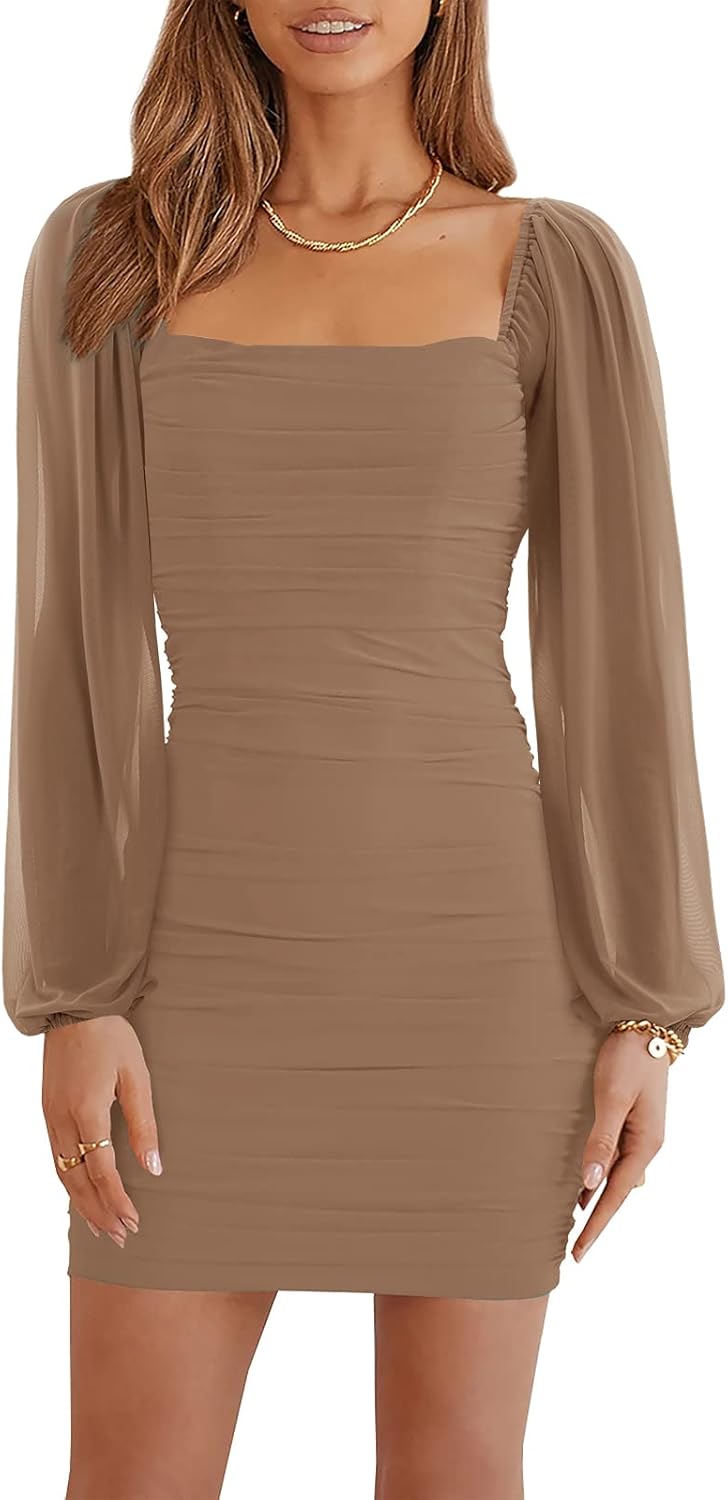 Wenrine Women's Mesh Long Sleeve Square Neck Ruched Party Club Cocktail Bodycon Mini Dress