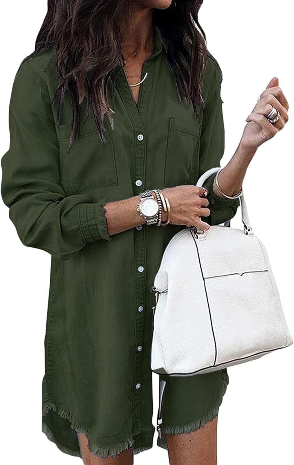 Zilcremo Women Denim Shirt Dresses Long Sleeve Distressed Jean Dress Button Down Casual Tunic Top