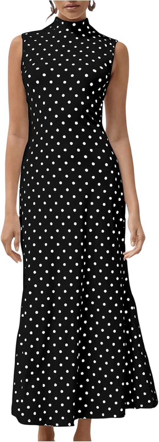 Milumia Women's Polka Dots Maxi Tank Dress Vintage Mock Neck Sleeveless Elegant Long Dresses