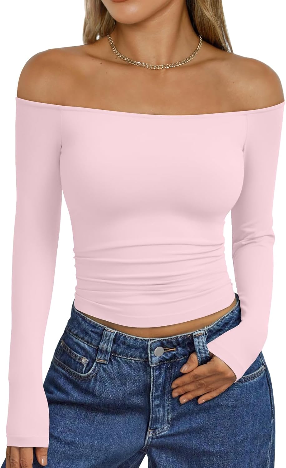 Trendy Queen Womens Long Sleeve Off The Shoulder Tops Going Out Cute Basic Y2K Fall Fashion 2025 Outfits Clothes