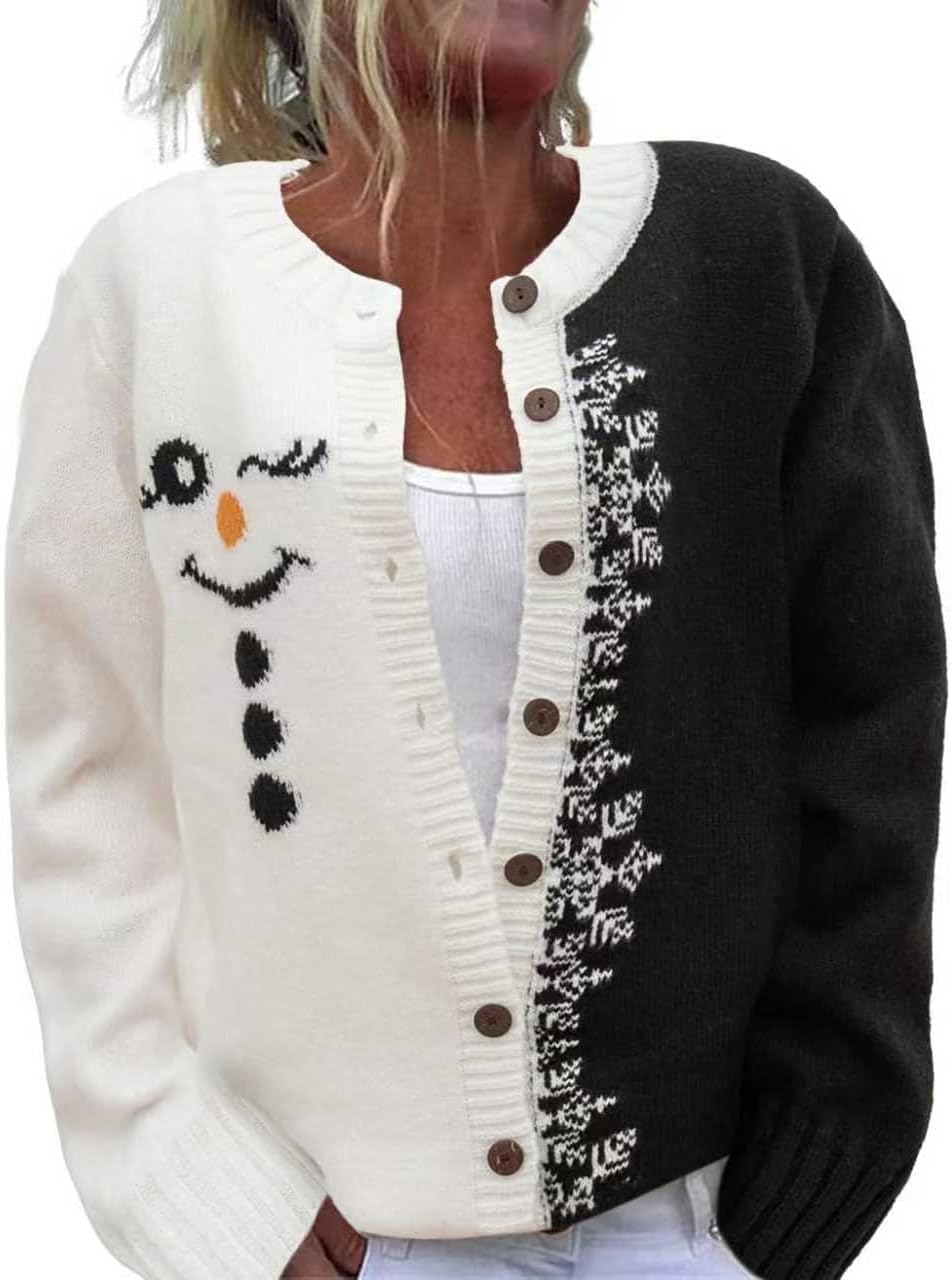 Women's Funny Fall Winter Animal Floral Christmas Tree Long Sleeve Button Knit Cardigan Sweater