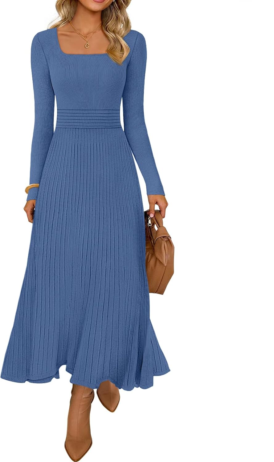 MEROKEETY Women's Sweater Dress 2025 Fall Winter Casual Long Sleeve Square Neck Pleated Church Work Knit Midi Dresses