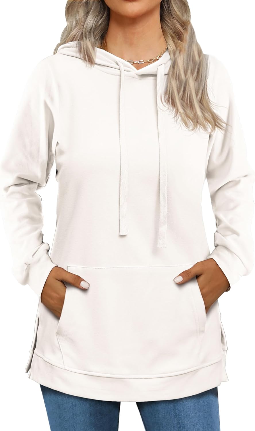 Beimuc Hoodies for Women Fashion Split Hem Drawstring Casual Long Sleeve Sweatshirts Tops with Pockets