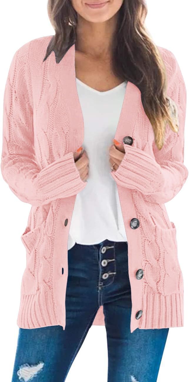 MEROKEETY Women's 2025 Fall Long Sleeve Cable Knit Sweater Open Front Cardigan Button Loose Outerwear