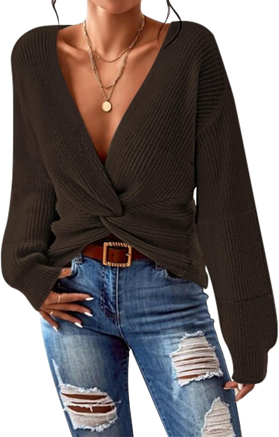 Pink Queen Women's 2025 Casual Pullover Sweaters Sexy V Neck Long Sleeve Twist Knot Cropped Knit Sweater Tops