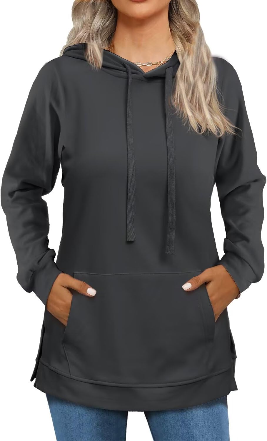 Beimuc Hoodies for Women Fashion Split Hem Drawstring Casual Long Sleeve Sweatshirts Tops with Pockets