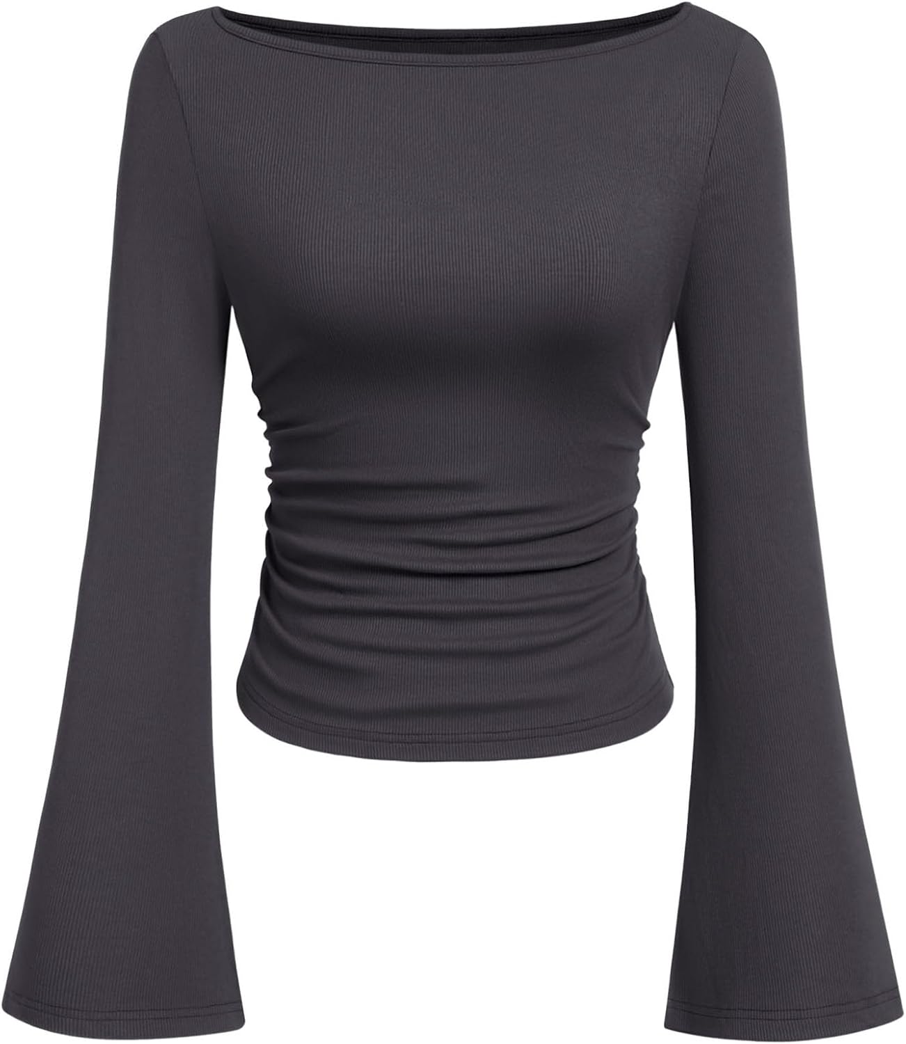 PRETTYGARDEN Women's Long Sleeve Shirts 2025 Fall Crop Going Out Tops Casual Boat Neck Bell Sleeve Ribbed Ruched Y2K Clothes