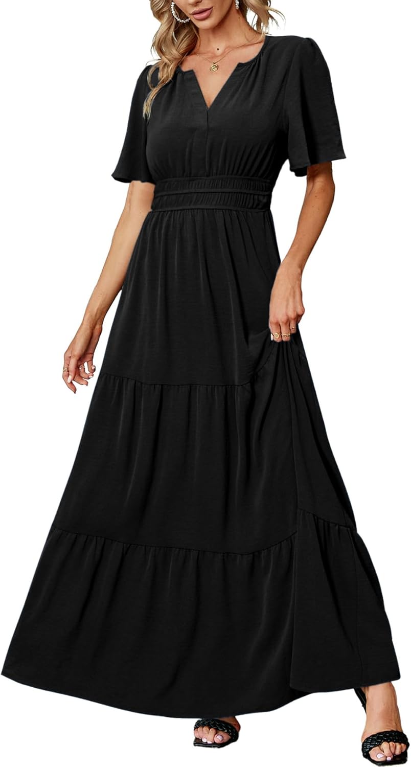 Amegoya Women's Velvet Short Sleeve V Neck Formal Wedding Guest Maxi Dresses Fall Evening Party Long Dresses