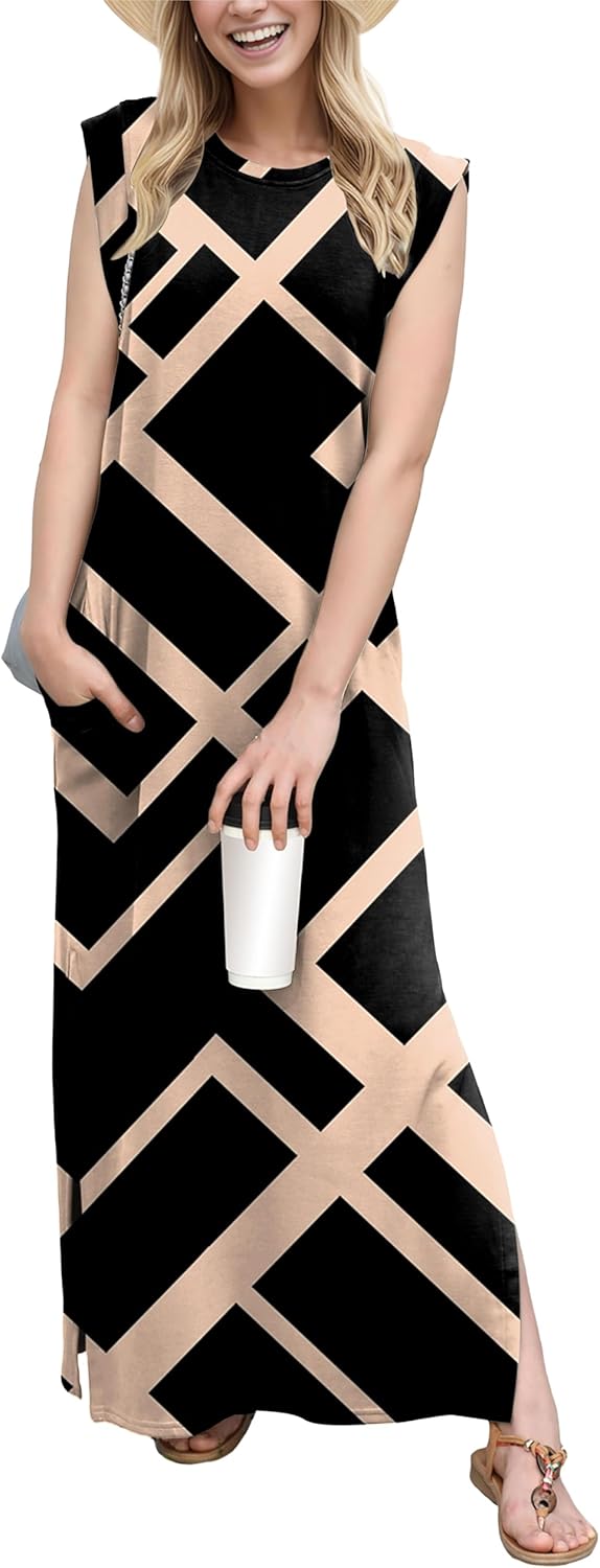 GRECERELLE 2025 Women Year-Round Casual Round Neck Loose Split Wrinkle-Free Long Maxi Vacation Dress with Pockets (XS-3XL)