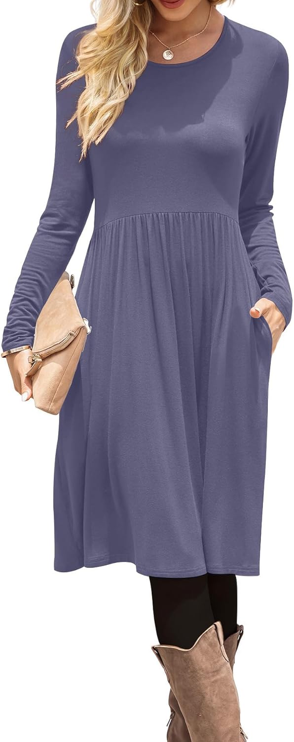 DB MOON Women Casual Long Sleeve Dresses Empire Waist Knee Length Loose Dress with Pockets