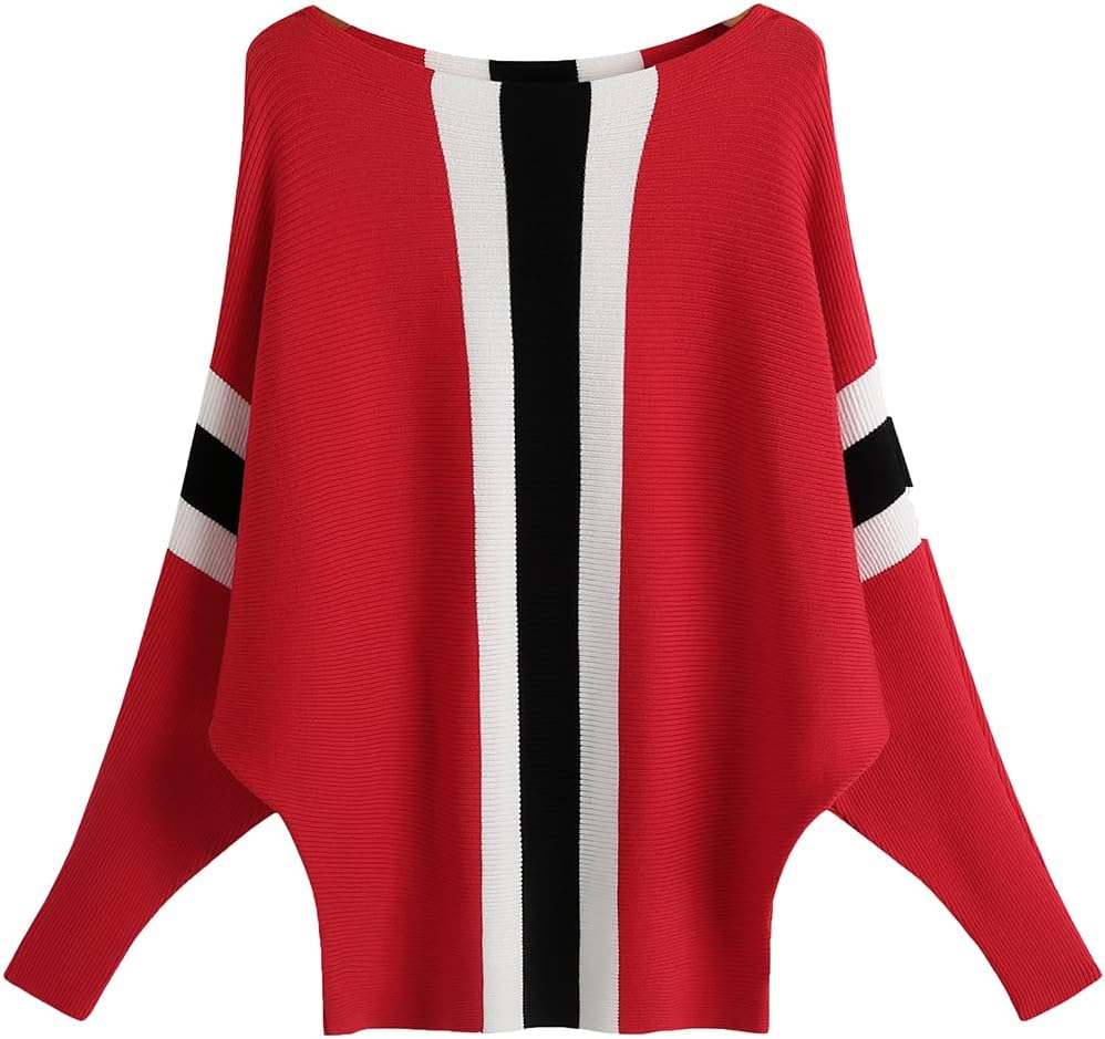 Ckikiou Womens Lightweight Oversized Boat Neck Sweaters Tops Dolman Batwing Sleeve Ribbed Knitted Pullovers