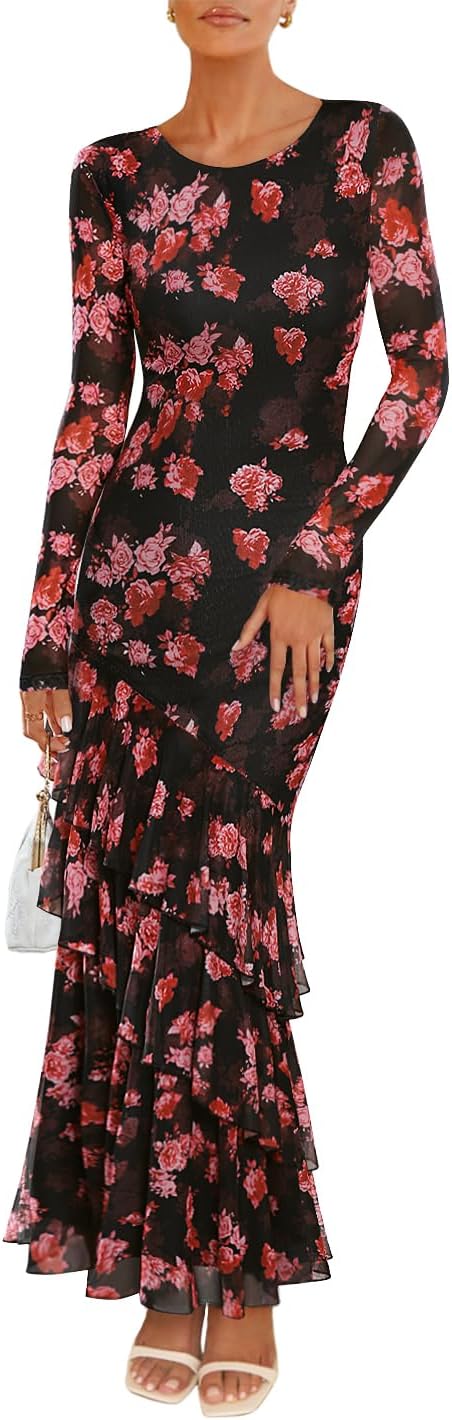 ZESICA Women's Fall Floral Wedding Guest Bodycon Dresses 2025 Long Sleeve Crewneck Mesh Ruffle Mermaid Party Maxi Dress