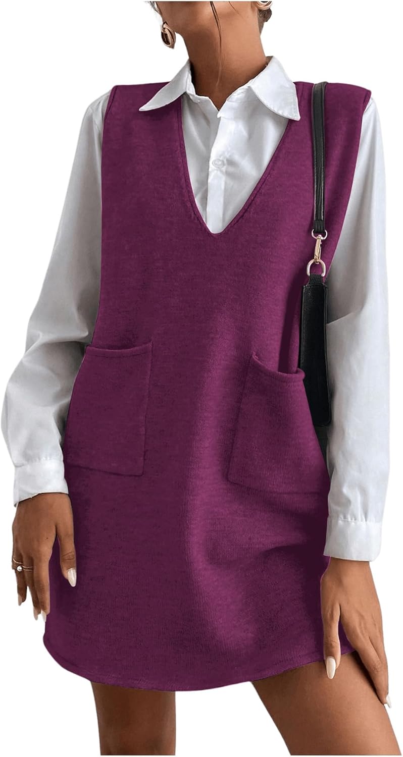 OYOANGLE Women's V Neck Sleeveless Knitted Solid Short Sweater Dress with Pockets