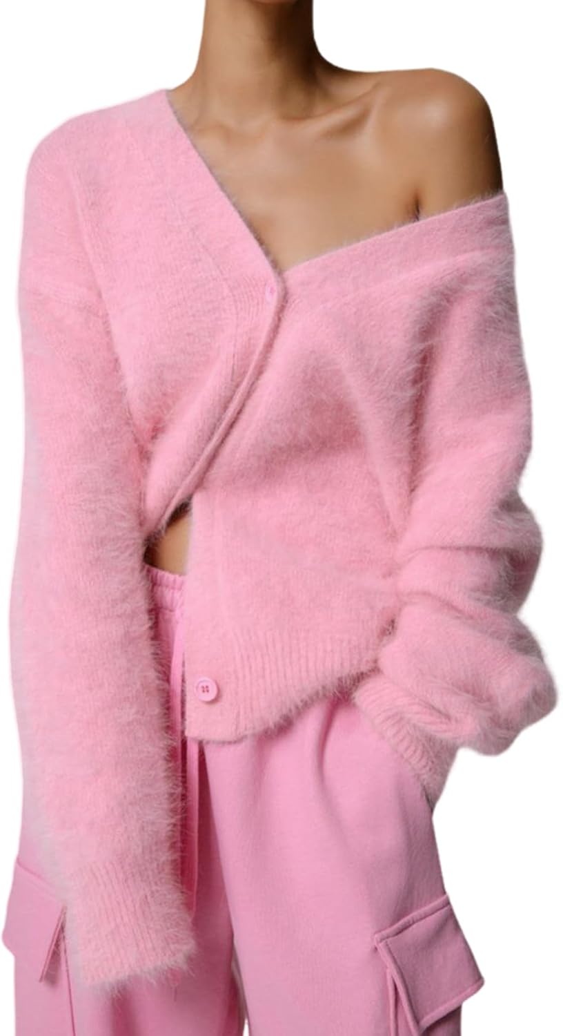 Yimoon Womens Fuzzy Cardigan Sweater V Neck Long Sleeve Button Down Slouchy Furry Knit Sweaters 2025