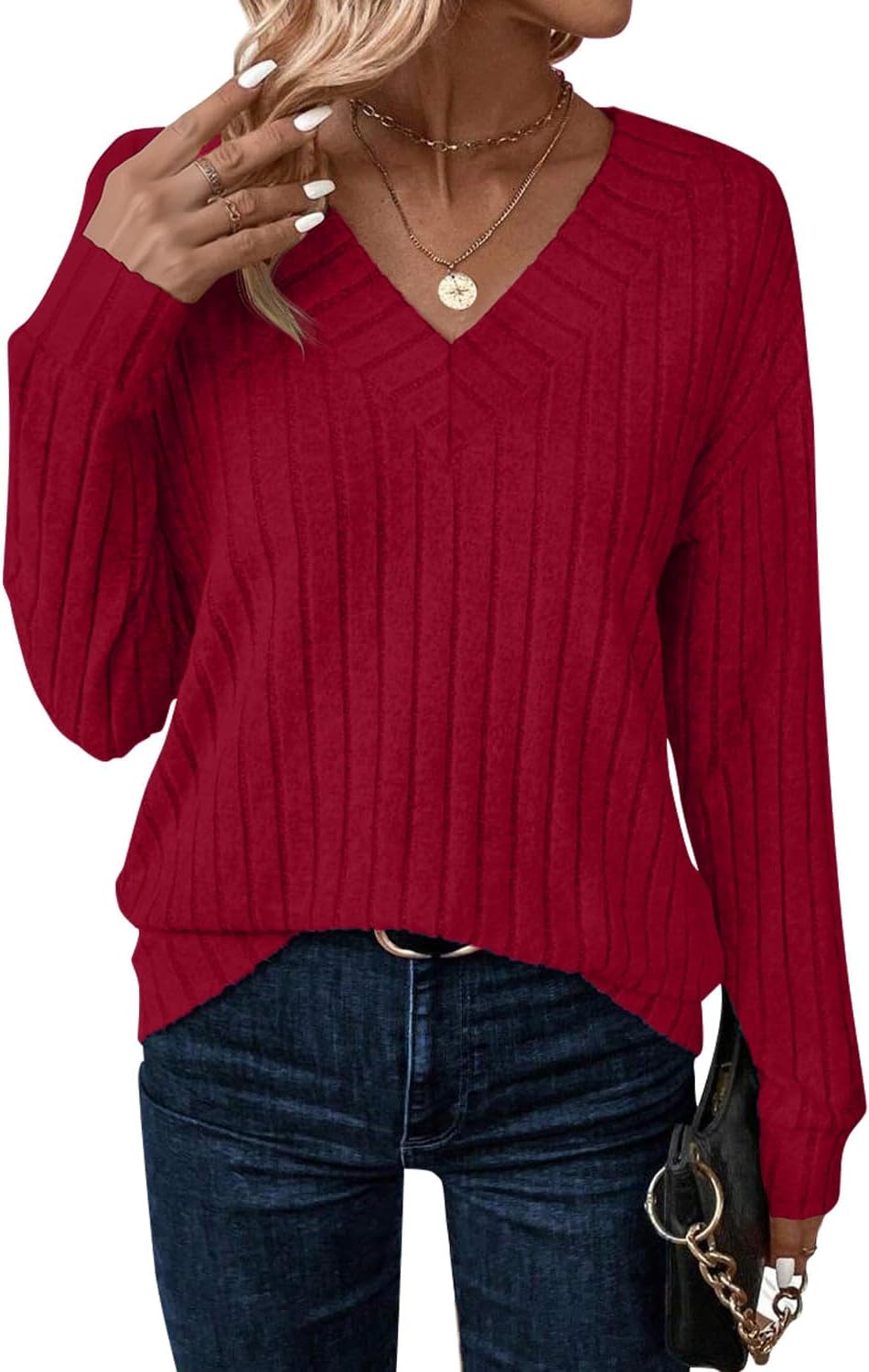 JUSTFASHIONNOW Long Sleeve V Neck Shirts for Women Fall Tops Lightweight Sweaters Dressy Casual Tunic Tops 2025 Outfits