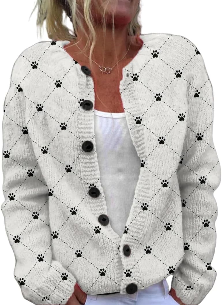 Women's Funny Fall Winter Animal Floral Christmas Tree Long Sleeve Button Knit Cardigan Sweater