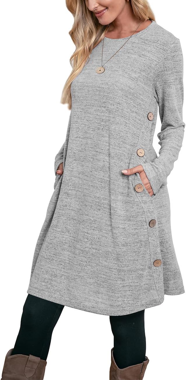 OFEEFAN Long Sleeve Dress for Women Crew Neck Tunic Dress with Pockets Buttons Side