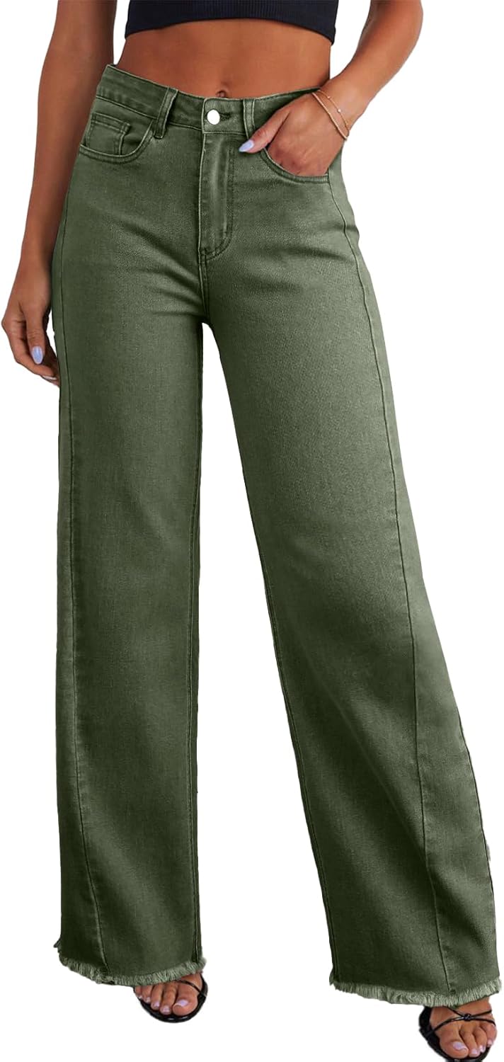 Sidefeel Women's Wide Leg Jeans High Waisted Strechy Raw Hem Zimbaplatinum Denim Pants