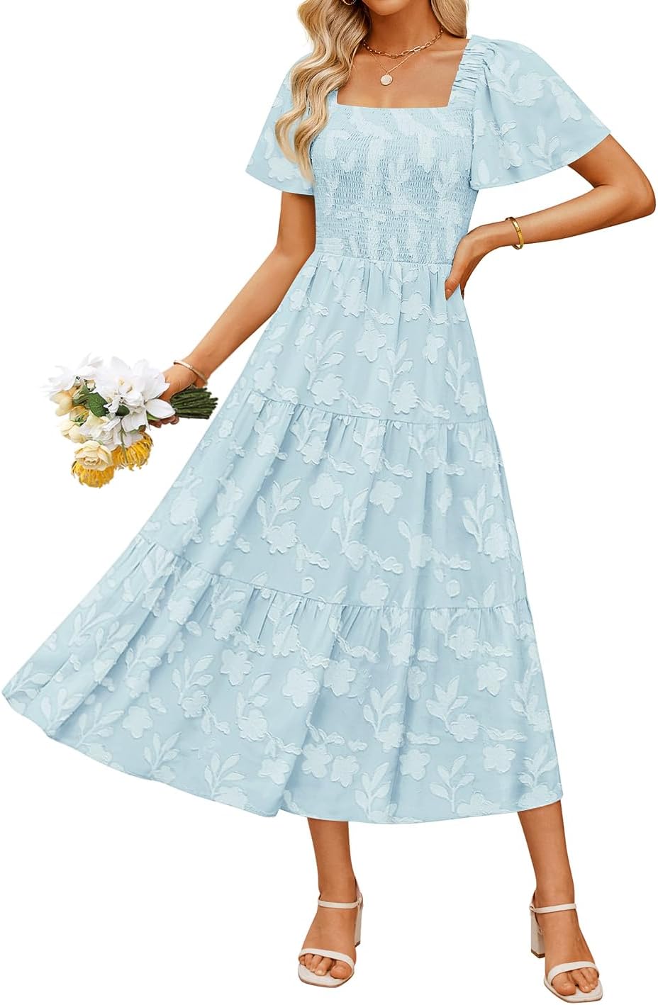 ZESICA Women‘s Summer Boho Floral Midi Dress 2025 Casual Short Sleeve Square Neck Flowy Beach Vacation Long Dress