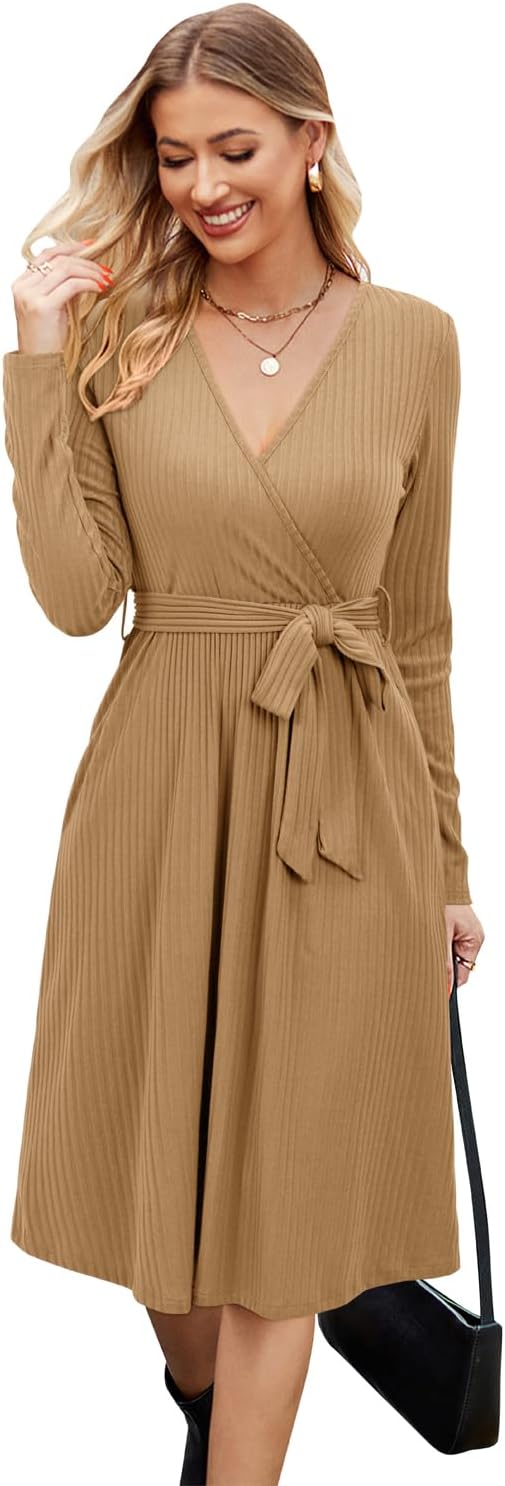 Newshows Womens 2025 Fall Dresses Teacher Church Business Casual Work Outfits Knit Midi Sweater Pockets Belt Dress