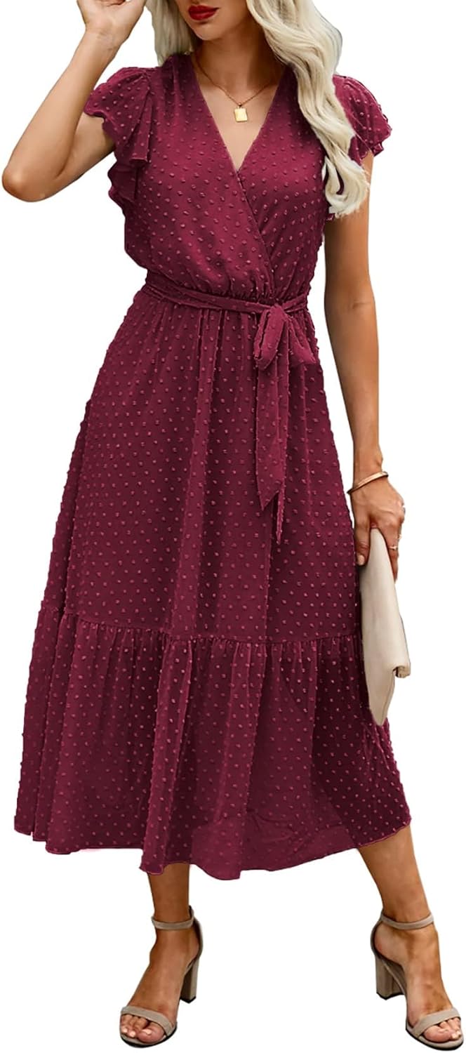 BTFBM Women Summer Bohemian Floral Casual Wrap V Neck Ruffle Cap Sleeveless Belt A-Line Pleated Hem Midi Sun Dress White