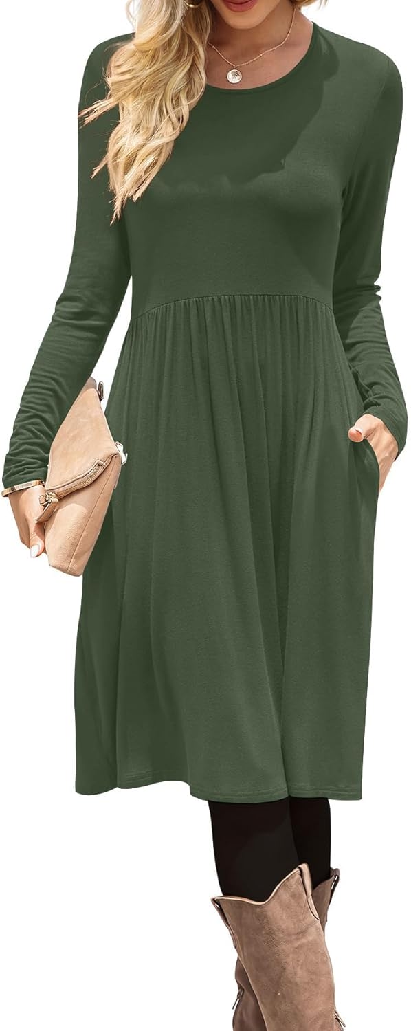 DB MOON Women Casual Long Sleeve Dresses Empire Waist Knee Length Loose Dress with Pockets