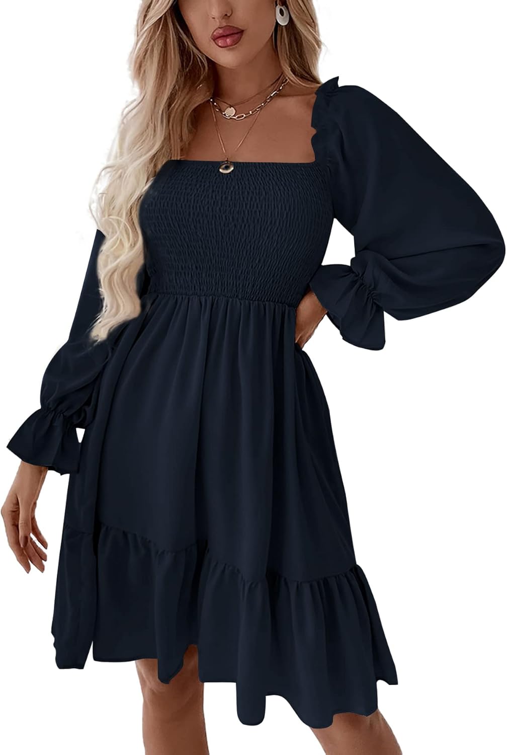 LYANER Women's Square Neck Lantern Long Sleeve Ruffle Shirred Flowy Party Mini Dress