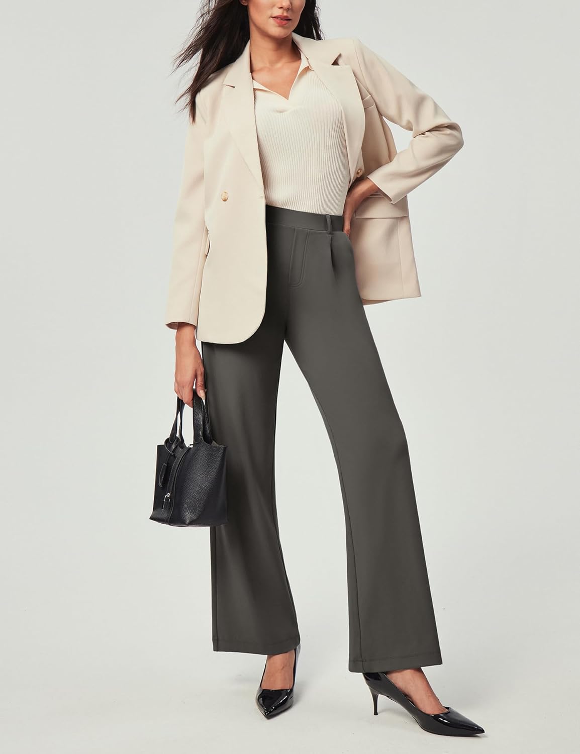 IUGA Womens Dress Pants Wide Leg Pull On Stretchy Work Pants Women High Waisted Business Casual Trousers with Pockets