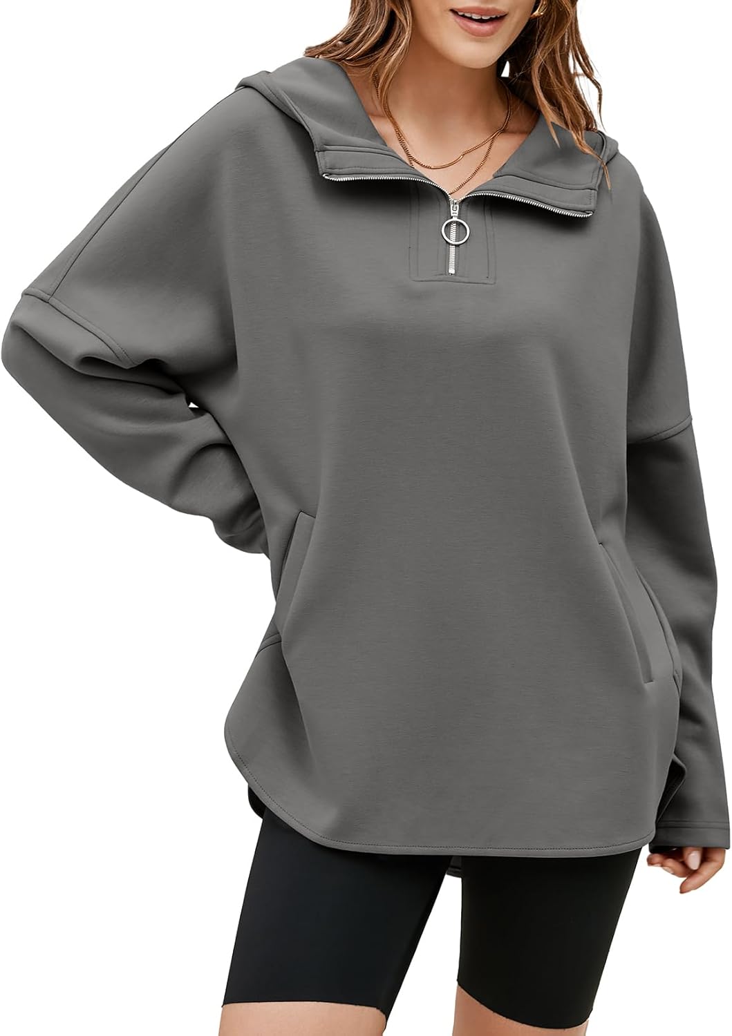 EVALESS Women's Oversized Hoodies Casual Long Sleeve Half Zipper Pocket Sweatshirt Pullover Tops