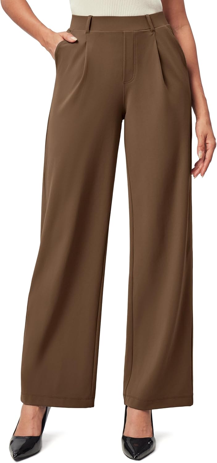 IUGA Womens Dress Pants Wide Leg Pull On Stretchy Work Pants Women High Waisted Business Casual Trousers with Pockets