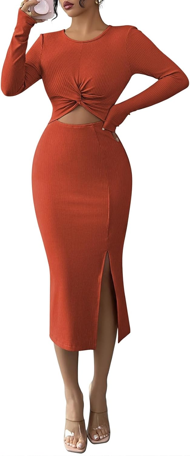 Pink Queen Women's Crew Neck Long Sleeve Midi Dress Cutout Twist Front Bodycon Slit Pencil Ribbed Knit Dresses