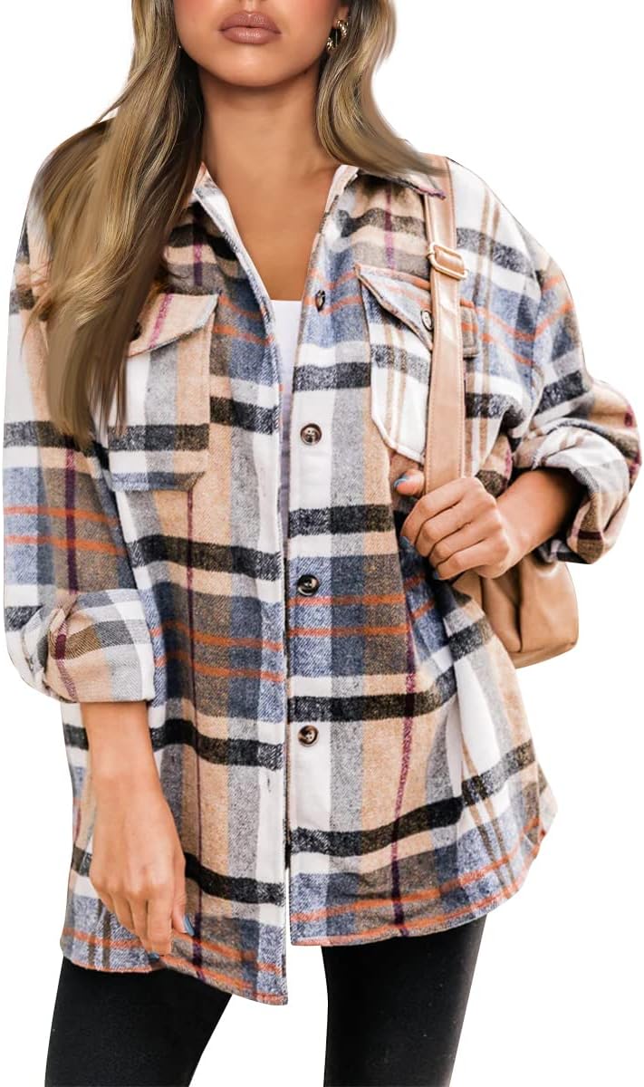 Trendy Queen Womens Flannel Shacket Casual Jacket Plaid Button Down Long Sleeve Shirt Fall Winter Outfits