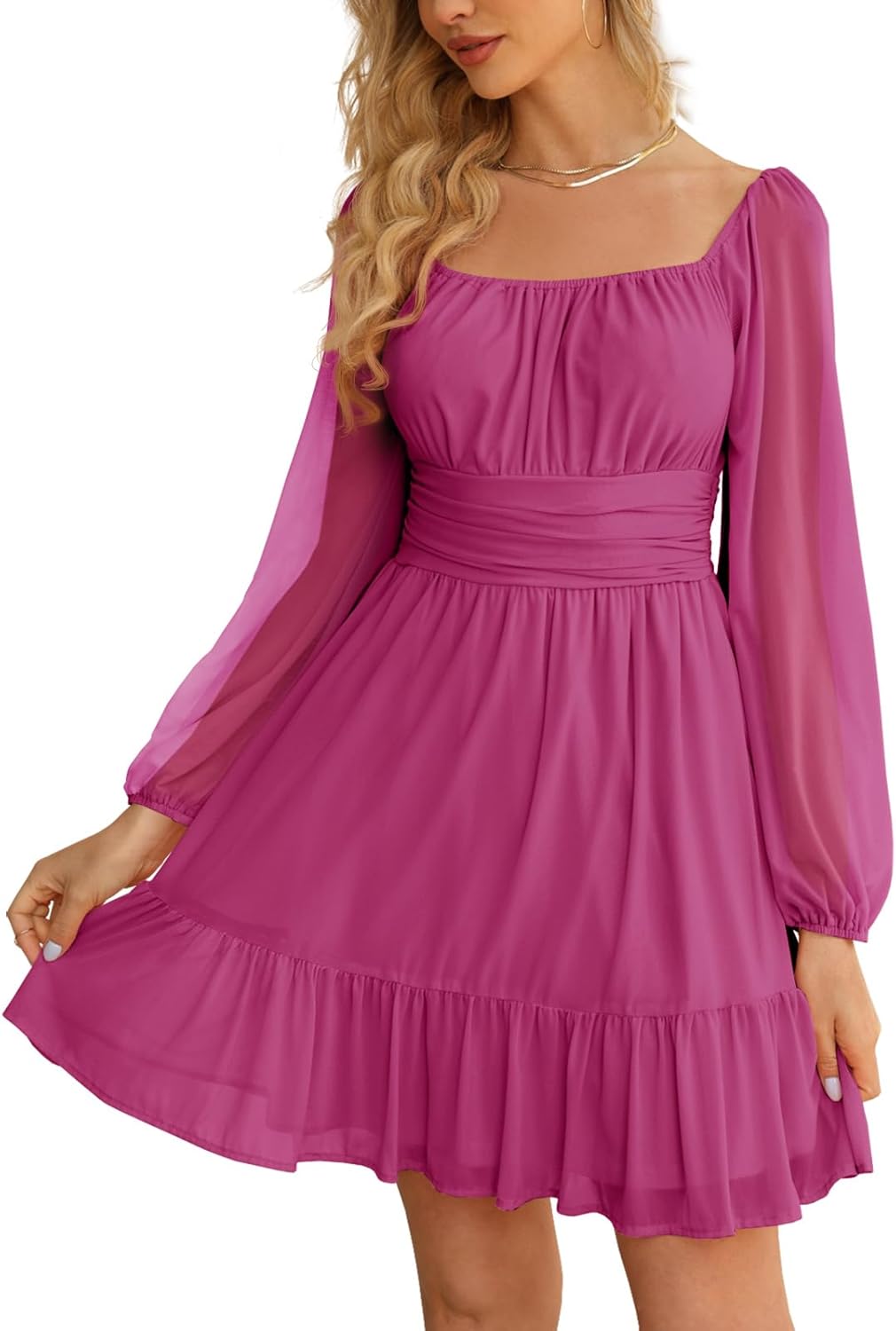 Wenrine Women's Mesh Long Sleeve Square Neck Dress High Waist A Line Ruffle Hem Flowy Casual Party Mini Dress