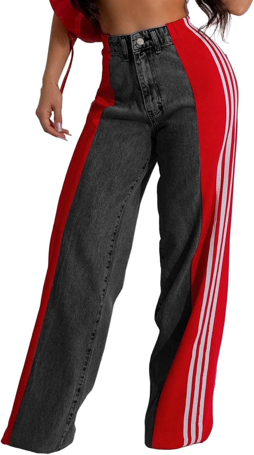 Angsuttc Womens Jeans with Patchwork Stripes High Waisted Stretchy Denim Color Block Straight Wide Leg Trendy Jean