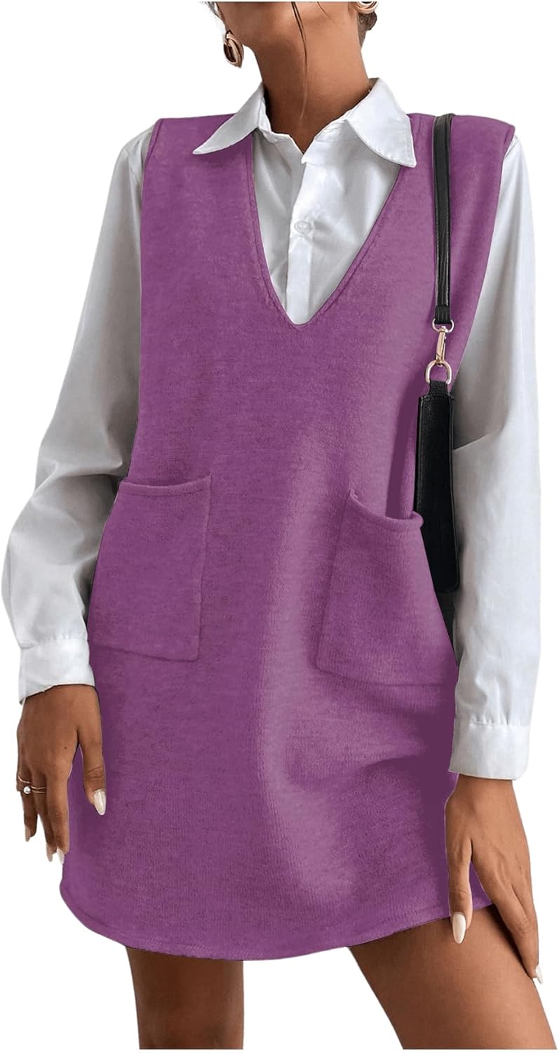OYOANGLE Women's V Neck Sleeveless Knitted Solid Short Sweater Dress with Pockets