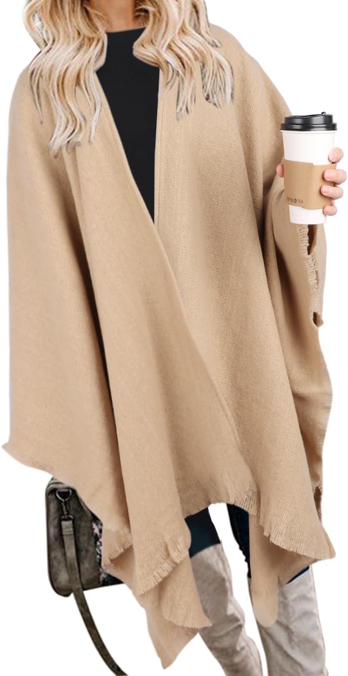 Bestshe Women's Boho Open Front Poncho Knitted Plaid Shawl Wrap Cape Tassel Cardigan Sweater