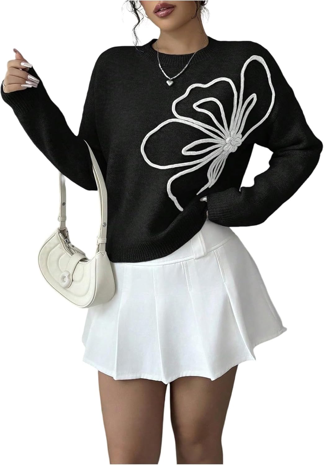 Women's 3D Floral Appliques Crewneck Sweaters Long Sleeve Drop Shoulder Pullovers Elegant Knit Tops
