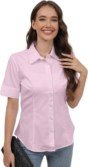 SUNNOW Womens Button Down Shirts Tailored Short Sleeve Shirt Basic Simple Stretch Wrinkle Free Formal Work Blouses