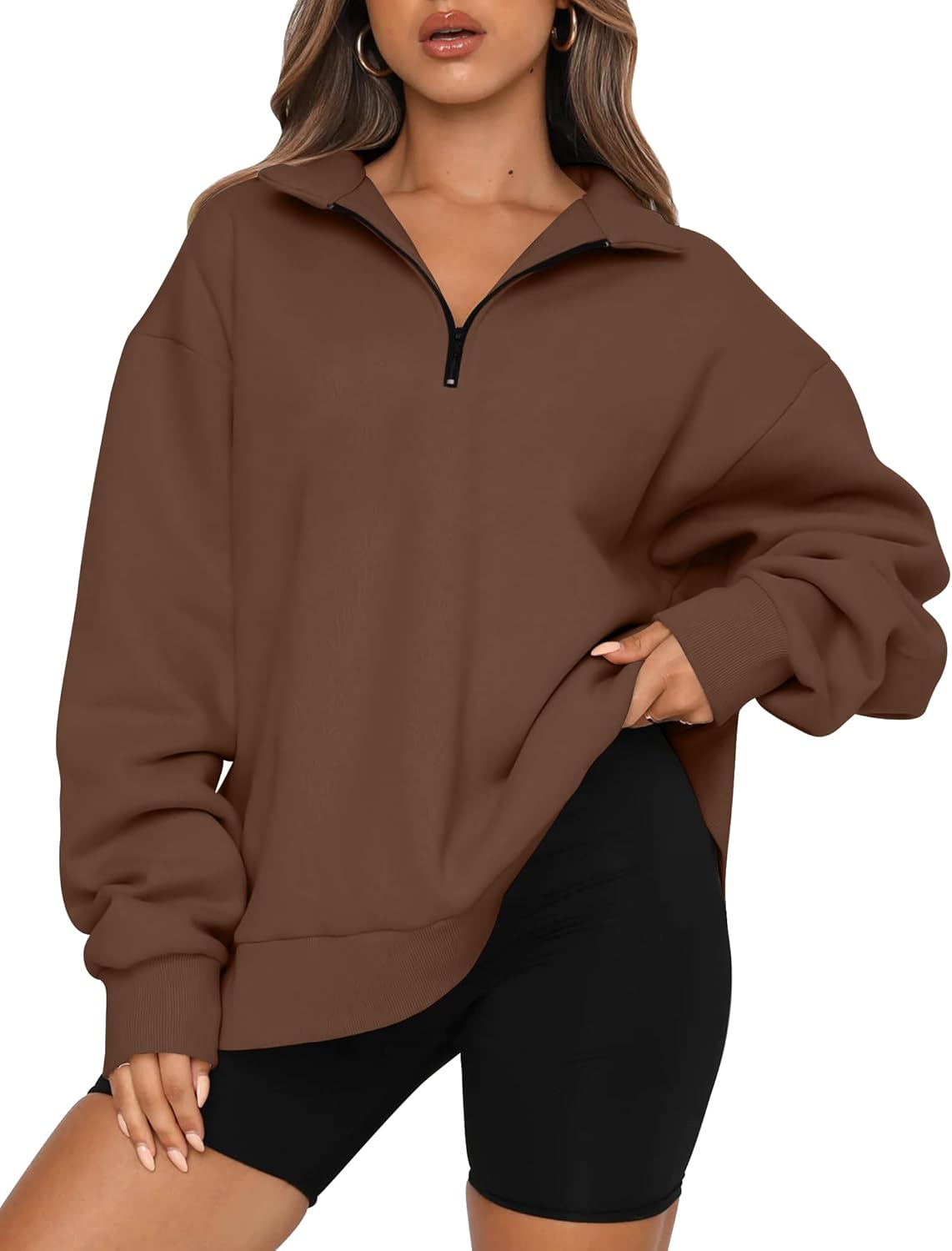 Trendy Queen Womens Oversized Sweatshirts Fall Sweaters Fashion Hoodies Half Zip Pullover Long Sleeve Shirts Clothes