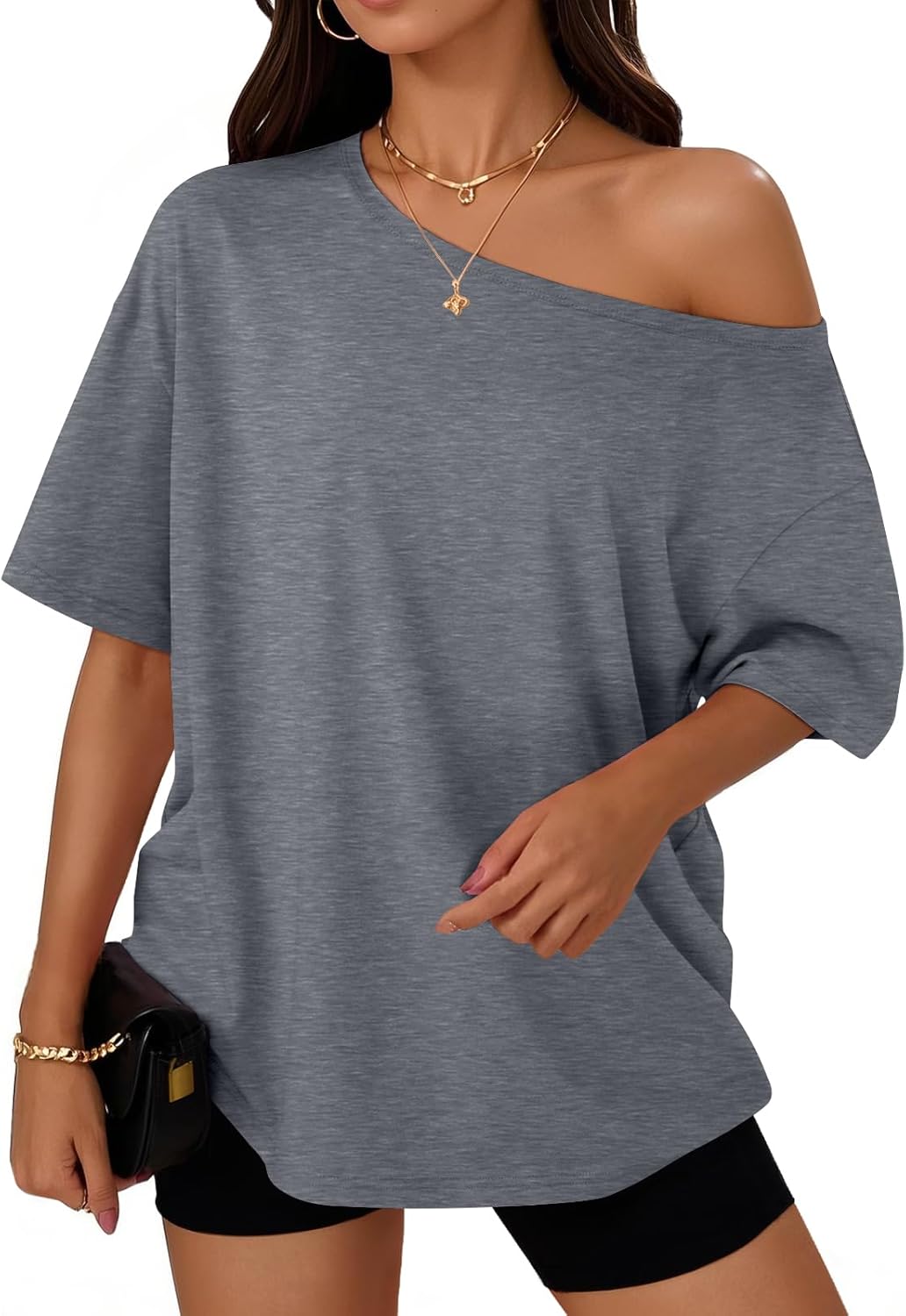 Trendy Queen Womens Off The Shoulder Tops Oversized T-Shirts Short Sleeve Tees Summer 2025 Casual Spring Fashion Clothes