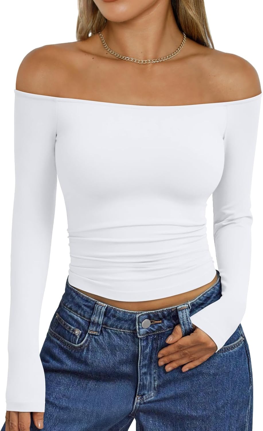Trendy Queen Womens Long Sleeve Off The Shoulder Tops Going Out Cute Basic Y2K Fall Fashion 2025 Outfits Clothes