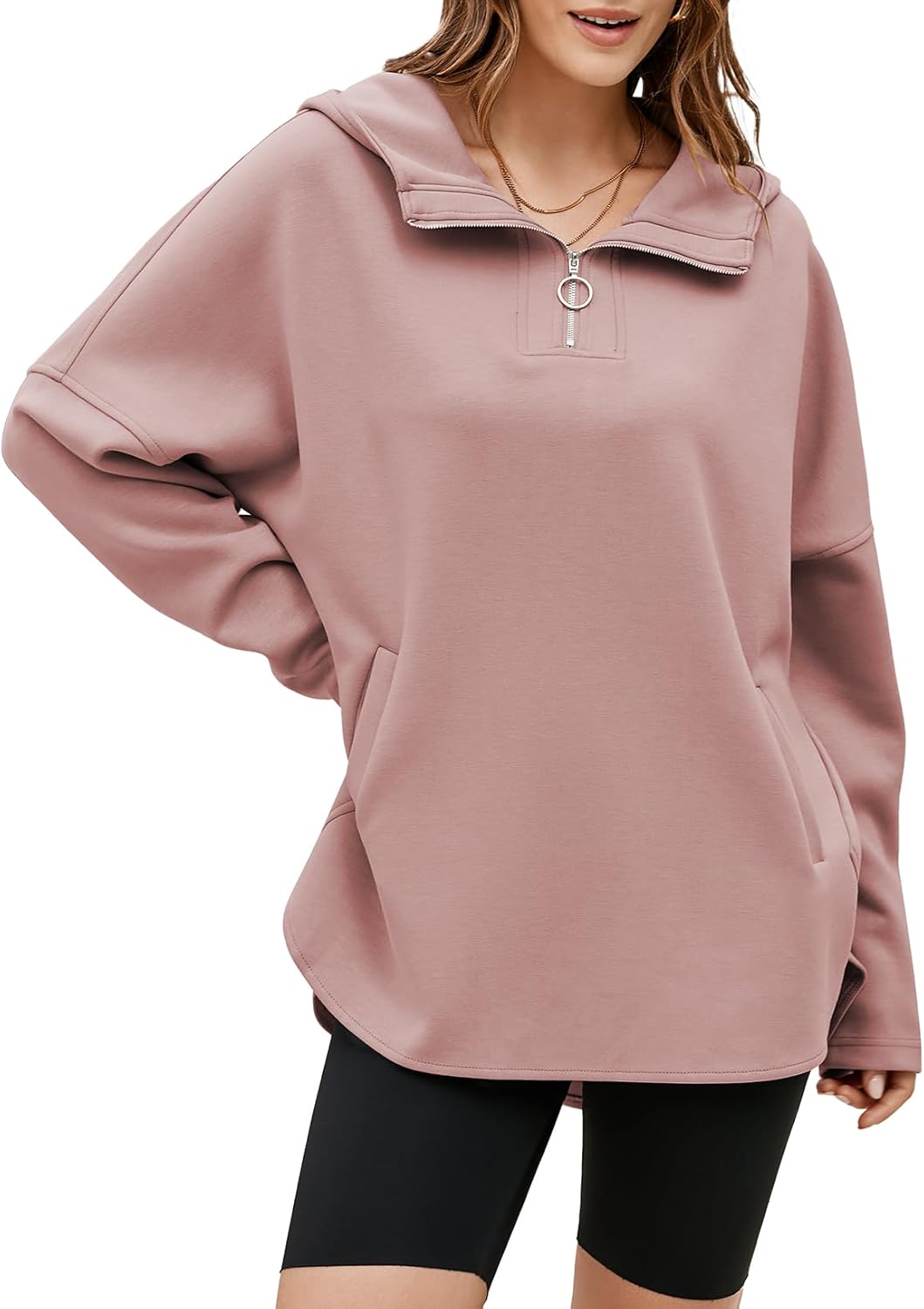 EVALESS Women's Oversized Hoodies Casual Long Sleeve Half Zipper Pocket Sweatshirt Pullover Tops
