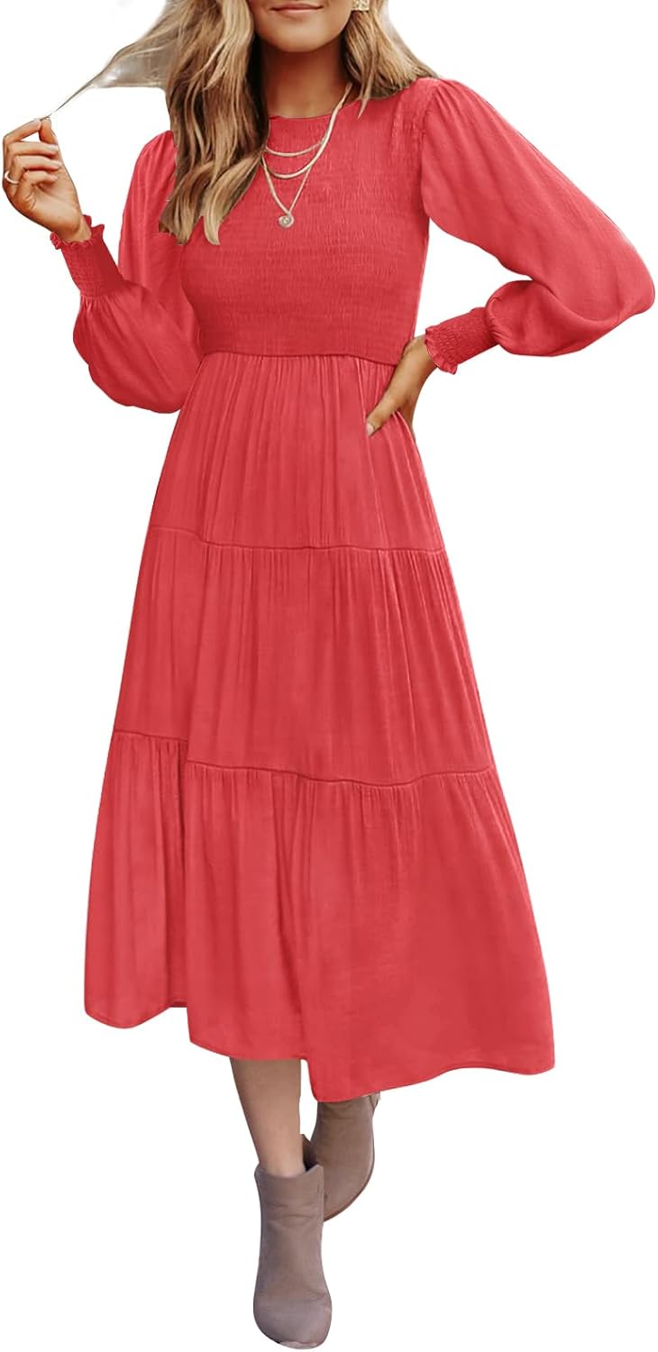 ZESICA Women's Casual Long Sleeve Crew Neck High Waist Smocked Flowy Tiered Midi Dress