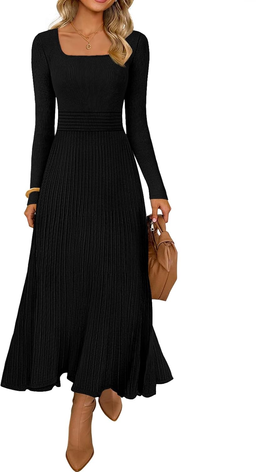 MEROKEETY Women's Sweater Dress 2025 Fall Winter Casual Long Sleeve Square Neck Pleated Church Work Knit Midi Dresses