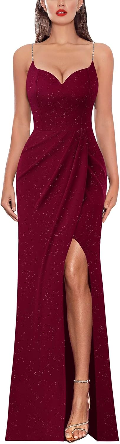 VFSHOW Womens Sexy Formal Ruched Fitted High Slit Bodycon Maxi Dress Spaghetti Strap Sweetheart Cocktail Prom Evening Gown