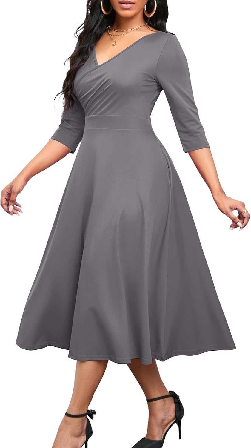 Nmoder Women's Casual Wrap Flared Midi Dress Wedding Guest Cocktail Tea Dresses A-Line Swing V-Neck 3/4 Sleeve