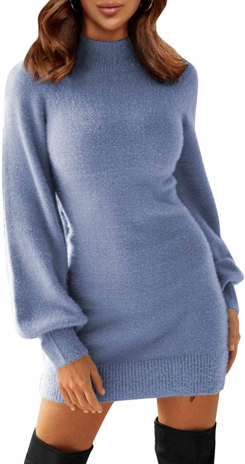 EXLURA Women's 2025 Mock Neck Ribbed Long Sleeve Bodycon Pullover Cute Mini Sweater Dress